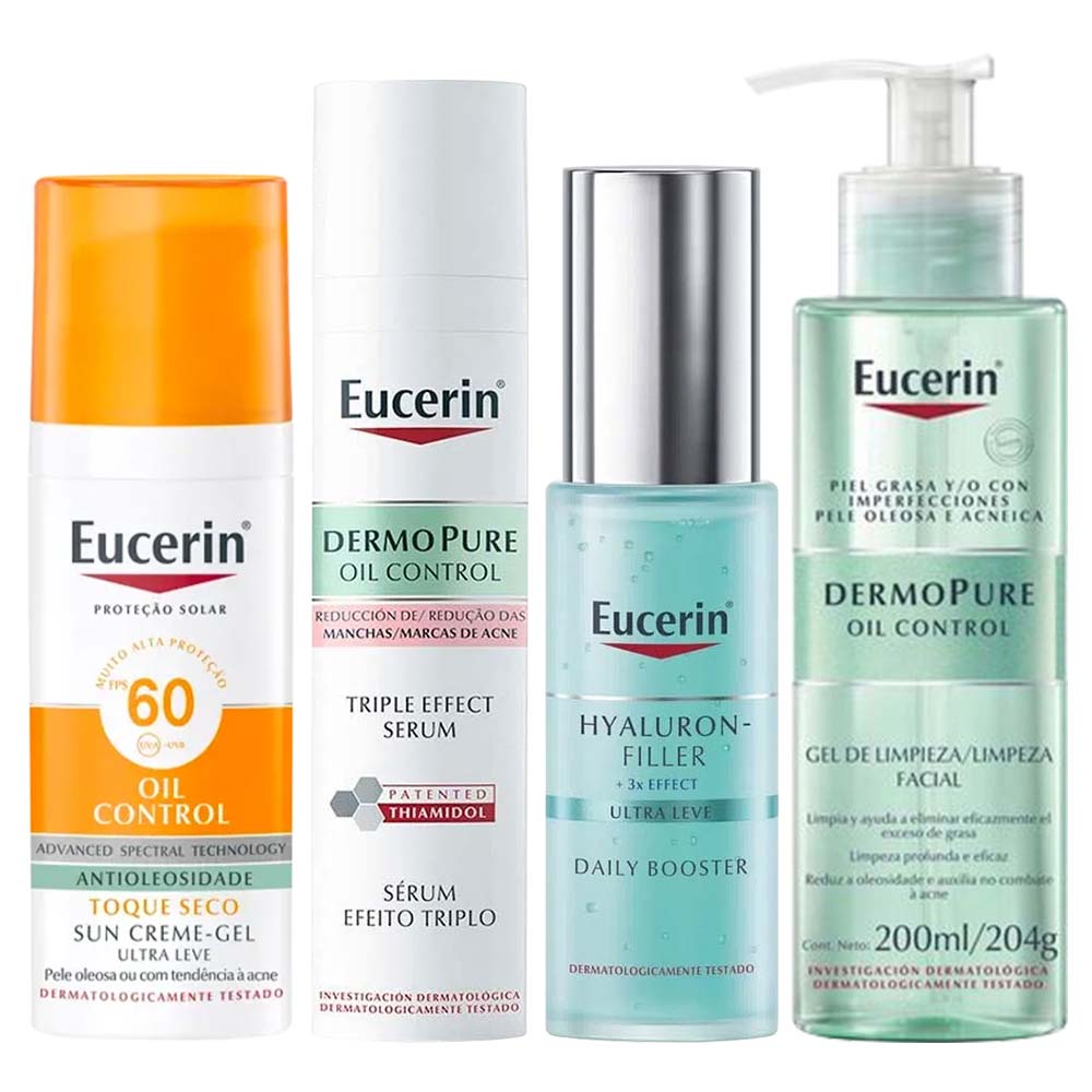 Eucerin Kit - Gel de Limpeza + Sérum + Protetor Solar Facial + Gel Hidratante para Pele Mista à Oleosa
